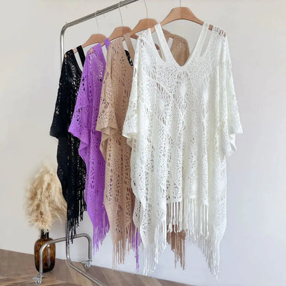 New Spring and Summer Fashion Women's Fringed Knitted Shawl Women Hollow out Solid Color Capes Knitted Pullover by All Mart Bristol Ltd