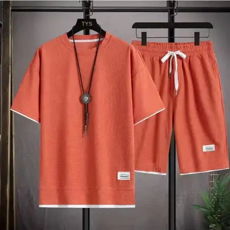 2026 new Summer Men's Waffle Sets Casual T-Shirt And Shorts Set Male Sports Suit Solid Color Tracksuit Loose Suits by All Mart Bristol Ltd
