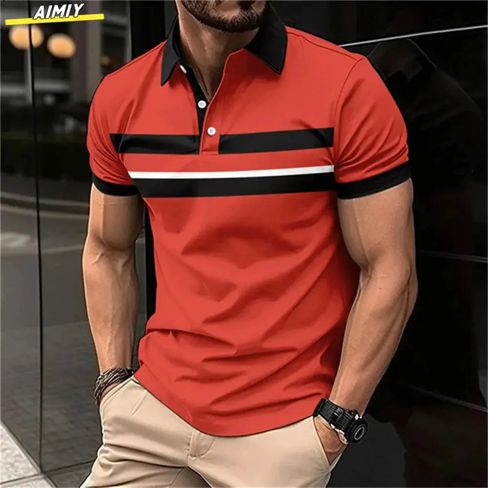 New Male Golf Stripe Polo Men's Casual Short-Sleeved Polo Shirt Solid Color Lapel Fashion Business Sports Breathable T-Shirt Top by All Mart Bristol Ltd