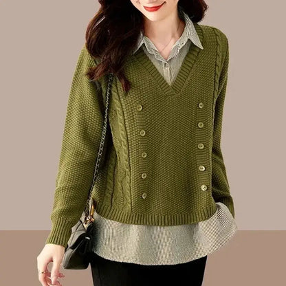 2026 New Autumn Women Sweater Pullover Splice Shirt Collar Long Sleeve Fake Two Pieces Knit Sweater Female Tops Bottoming Shirt by All Mart Bristol Ltd
