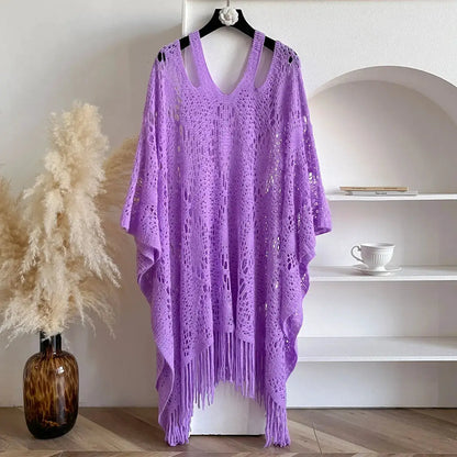 New Spring and Summer Fashion Women's Fringed Knitted Shawl Women Hollow out Solid Color Capes Knitted Pullover by All Mart Bristol Ltd