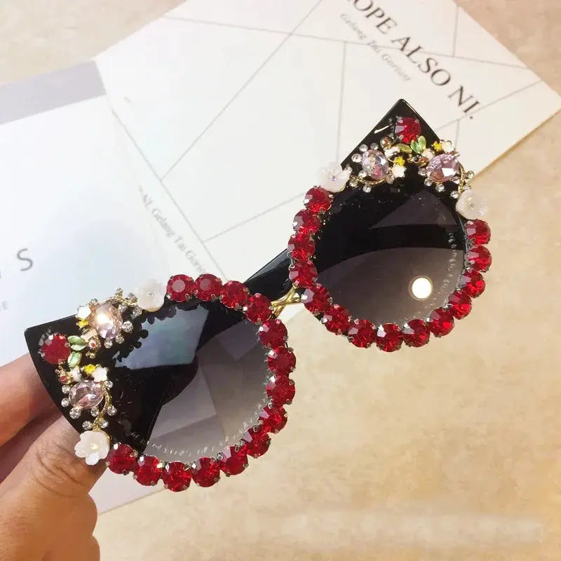 Brand Design Handmade Rhinestone Cat Eye Sunglasses Fashion Glasses Women Flower with Pearl Round Vintage Sunglasses Beach Party by All Mart Bristol Ltd