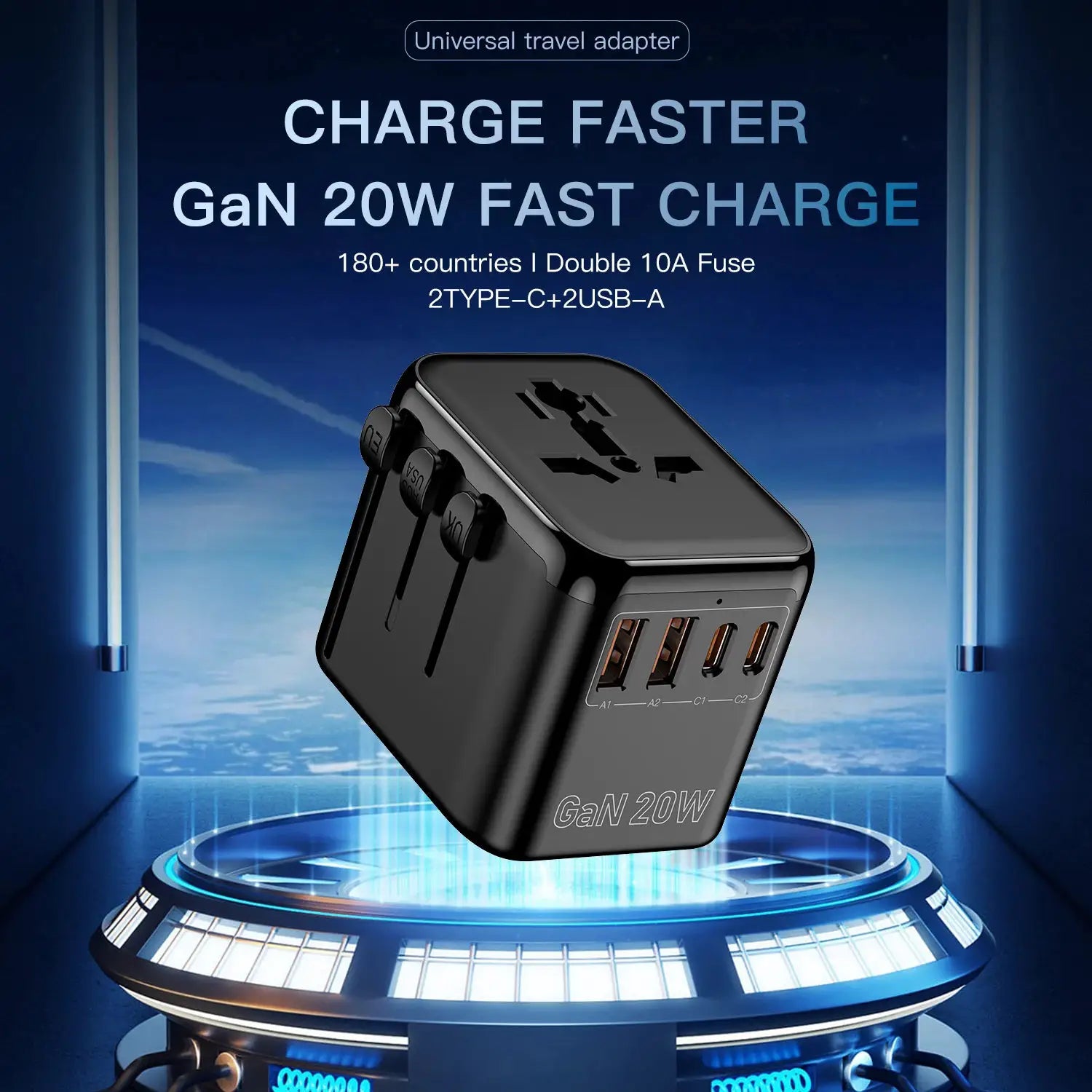 GaN 20W International Power Adapter,2 USB-C & 2 USB-A Fast Charging Travel Charger,Outlet Adapter Travel for Europe EU UK USA AU by All Mart Bristol Ltd