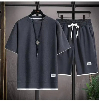 2026 new Summer Men's Waffle Sets Casual T-Shirt And Shorts Set Male Sports Suit Solid Color Tracksuit Loose Suits by All Mart Bristol Ltd