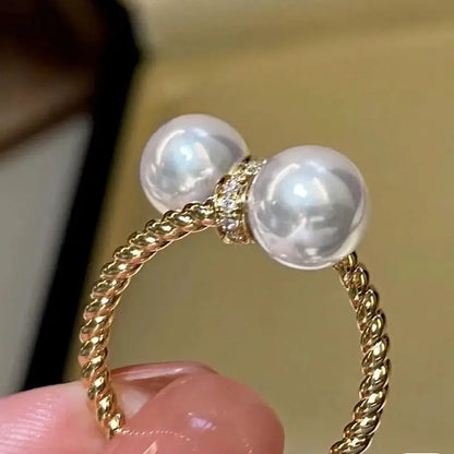 Huitan Temperament Double Imitation Pearl Open Ring Twist Gold Color Band New Fashion Women's Accessories Wedding Jewelry 2023 by All Mart Bristol Ltd