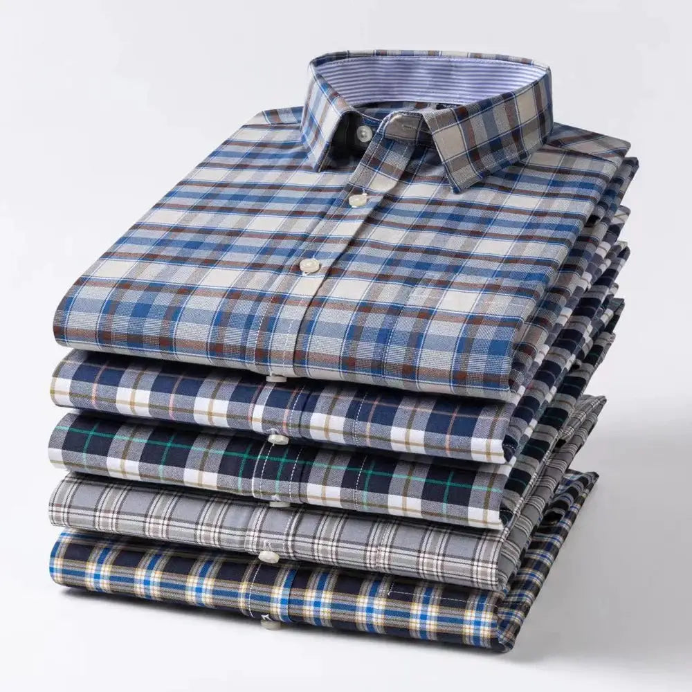 Men's Trendy Plaid Striped Lapel Collar Design Cotton Dress Shirts, Long Sleeve Casual Button Up Commuter Shirt For Spring/Fall by All Mart Bristol Ltd