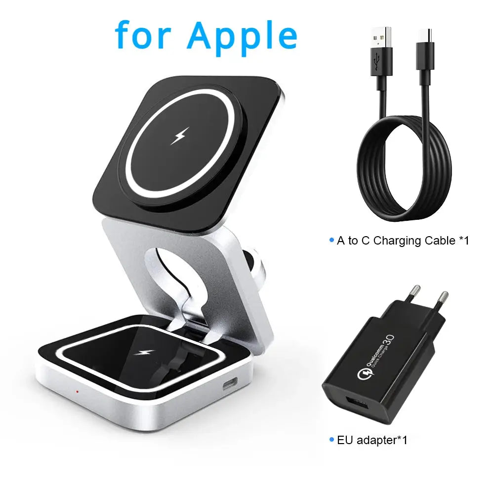Travel 3 in 1 Magnetic Wireless Charger Foldable Stand Dock for IPhone 15, 14, AirPods,iwatch for Apple / for Samsung Galaxy S23 by All Mart Bristol Ltd