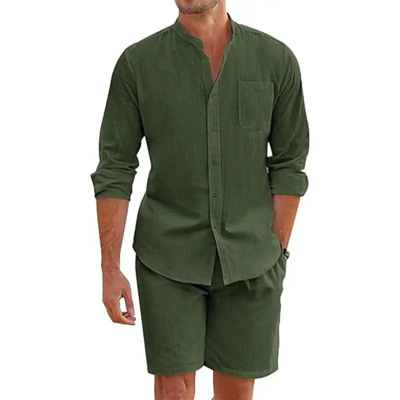 Daily Casual Breathable Cotton Linen Outfits Mens Vintage Stand Collar Button-up Shirts And Shorts Sets For Men Clothing Summer by All Mart Bristol Ltd