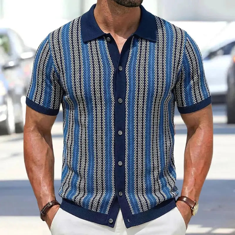 Summer Men Knitted Cardigan Short Sleeve Striped Shirts Fashion Jacquarded Blouse American Retro Premium Quality Knitwear M-3XL by All Mart Bristol Ltd