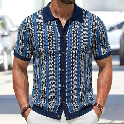 Summer Men Knitted Cardigan Short Sleeve Striped Shirts Fashion Jacquarded Blouse American Retro Premium Quality Knitwear M-3XL by All Mart Bristol Ltd