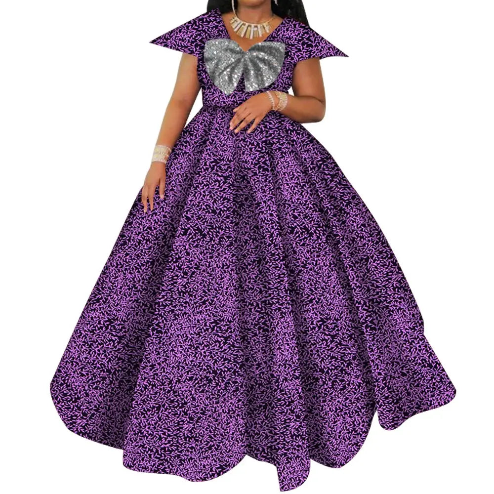 Bazin Riche African Print Dresses for Women Short Sleeve Long Wedding Dress Party Vestido Cotton Women African Clothing WY6098 by All Mart Bristol Ltd