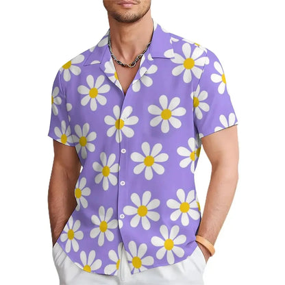 Floral Daisy Casual Men's Shirt Daily Out Summer Lapel Short Sleeve Purple Orange Flower Shirt Hawaii Shirt Casual Clothing by All Mart Bristol Ltd