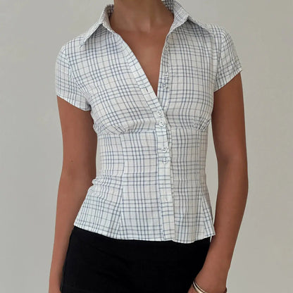 hirigin Women's Y2K Short Sleeve Plaid Button Down Shirt Button Down Blouses Tops Casual Summer Shirt Tops 90s Streetwear by All Mart Bristol Ltd