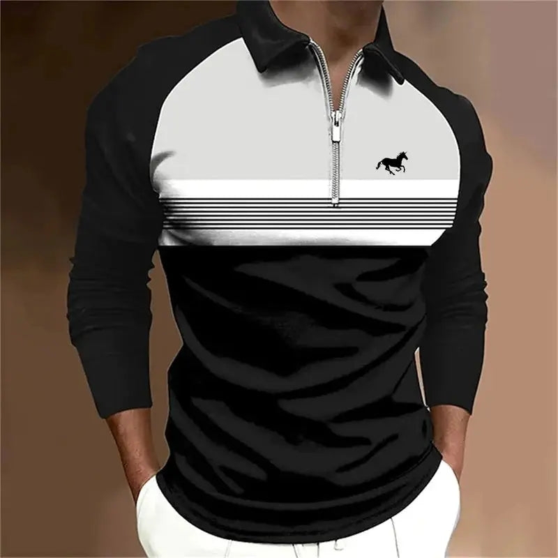 Spring Autumn Men Long Sleeve Casual Turn-down Polo Shirt 100% Polyester Quick Drying Zipper Tops Stripe Golf Polo T Shirt by All Mart Bristol Ltd