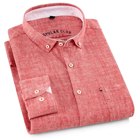 Men‘s Solid Button-Down Collar Dress Shirt - Breathable Cotton-Linen Blend - Long Sleeve, Slim-fit - Spring Summer Casual Chic by All Mart Bristol Ltd