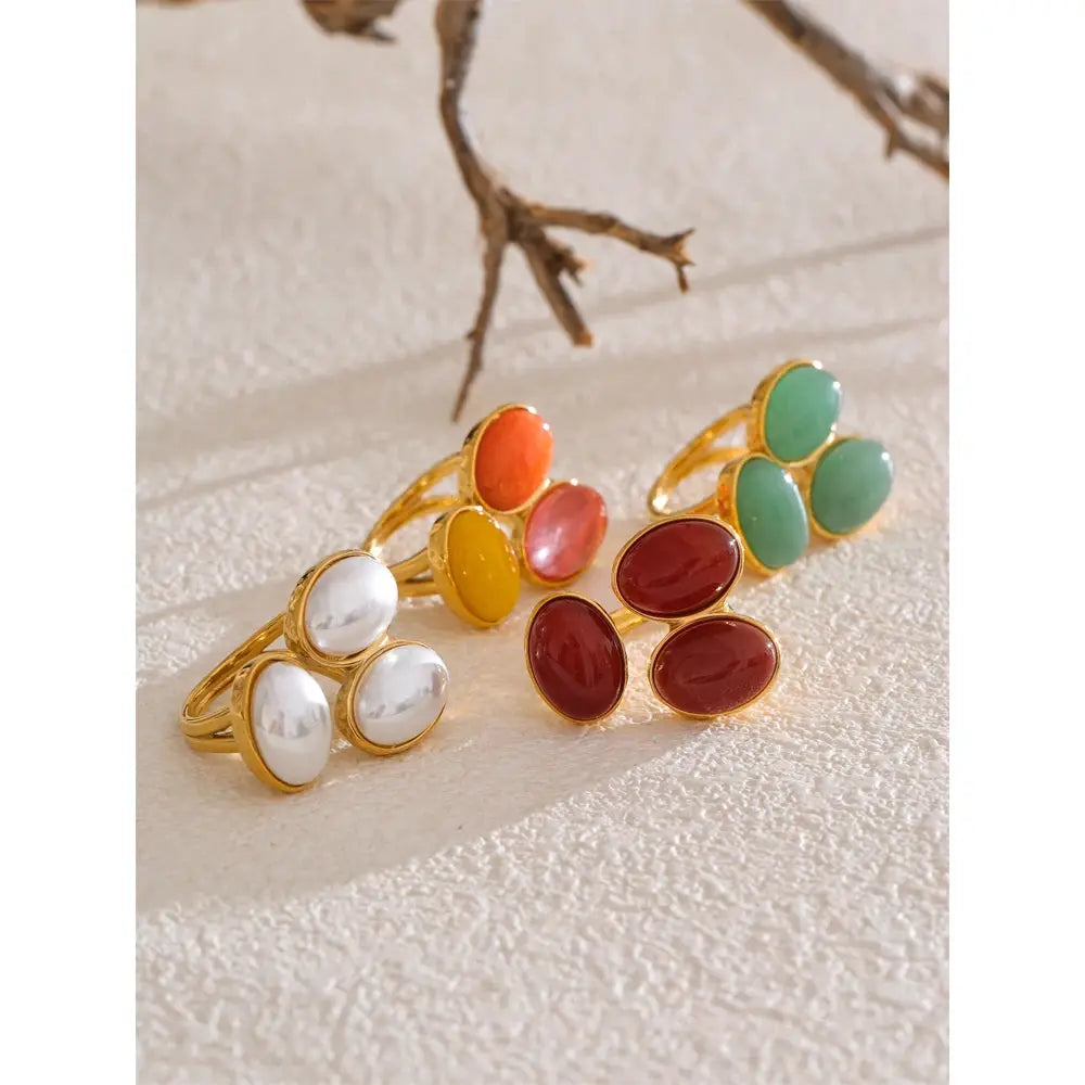 Yhpup Natural Aventurine Agate Stone Shell Pearl Flower Adjustable Ring Fashion Stainless Steel Charm Finger Jewelry Accessories by All Mart Bristol Ltd