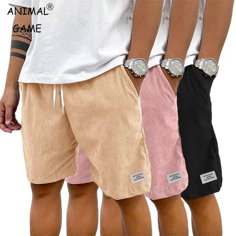 Summer Men's Solid Corduroy Shorts with Drawstring Casual Elastic Waist Fit for Outdoor Daily Activities Streetwear by All Mart Bristol Ltd