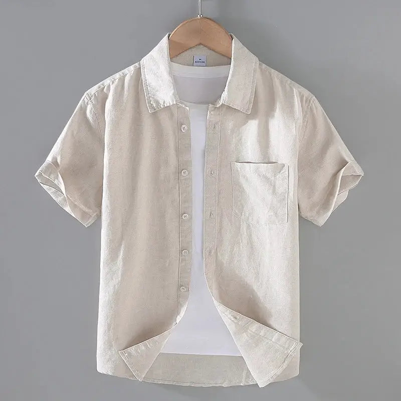 Men's Cotton Linen Short-Sleeved Shirt Summer Streetwear Plain Color Stand Collar Casual Beach Style plus Size M-3XL by All Mart Bristol Ltd