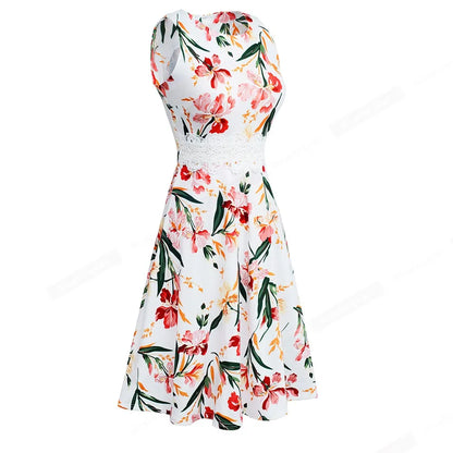 Women Vintage Casual Round Neck A line Summer Elegant Floral Lace Patchwork Sleeveless Tunic Party Swing Dress HA079 by All Mart Bristol Ltd