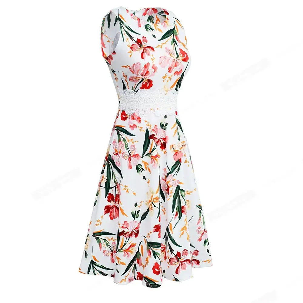 Women Vintage Casual Round Neck A line Summer Elegant Floral Lace Patchwork Sleeveless Tunic Party Swing Dress HA079 by All Mart Bristol Ltd