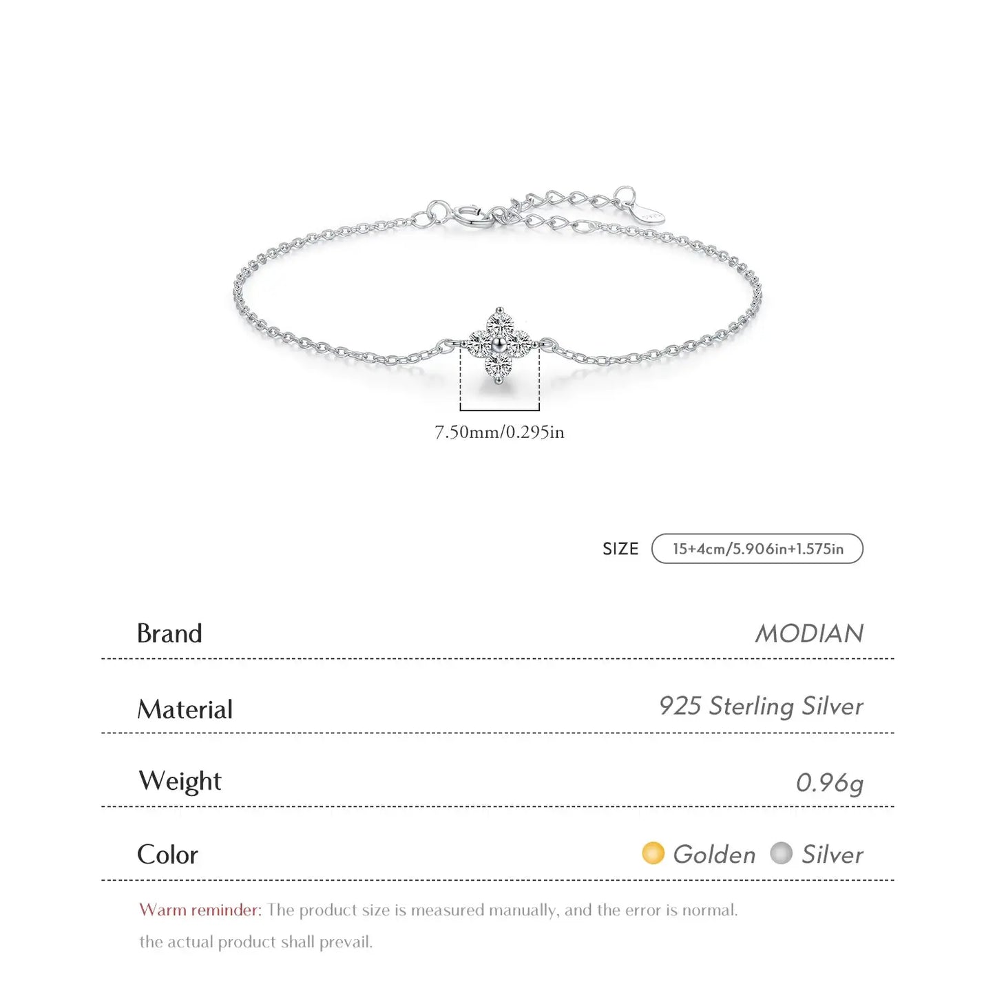 MODIAN 925 Sterling Silver Stackable Four Leaf Clover CZ Bracelet For White Gold Plated Link Chain Women Party Fine Jewelry by All Mart Bristol Ltd