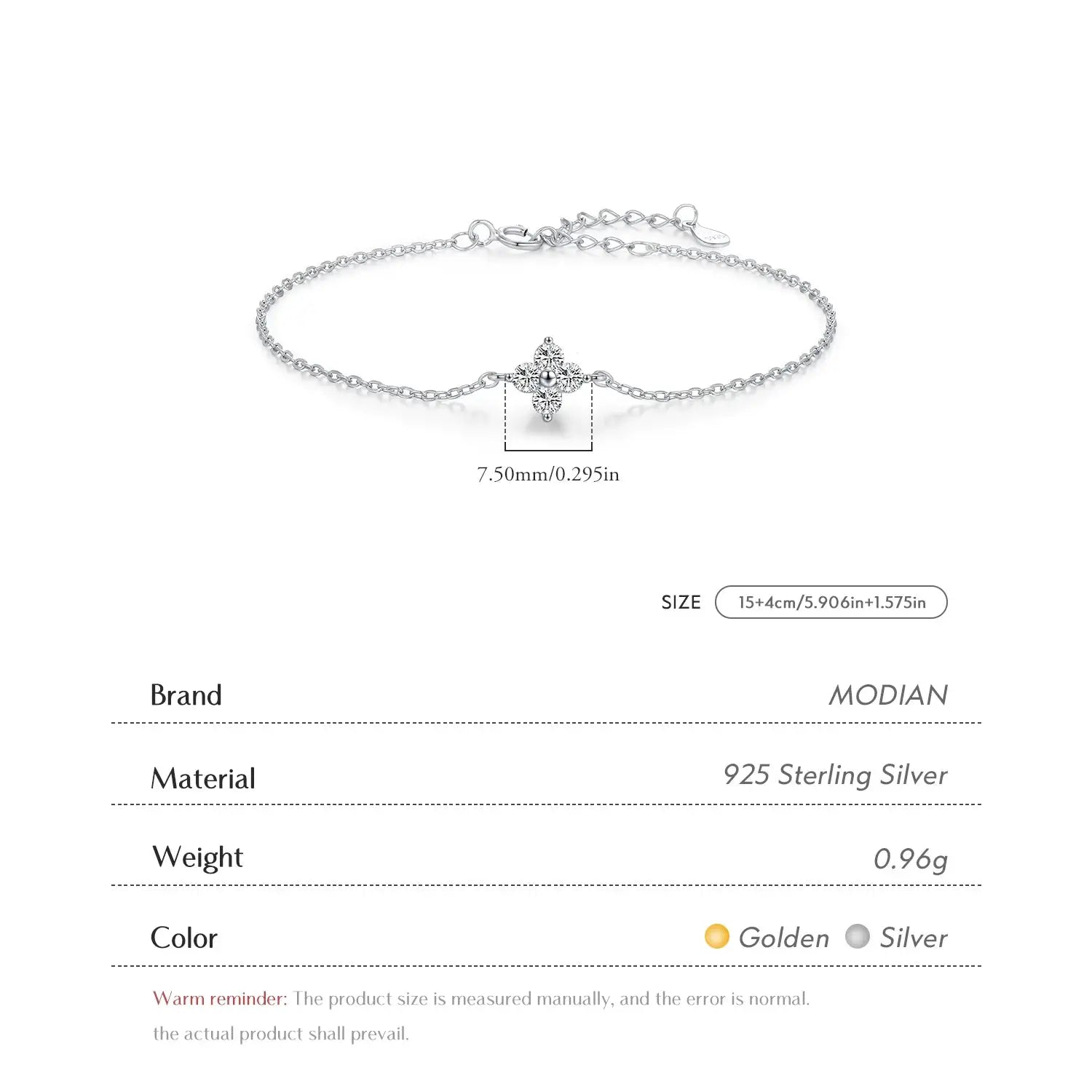 MODIAN 925 Sterling Silver Stackable Four Leaf Clover CZ Bracelet For White Gold Plated Link Chain Women Party Fine Jewelry by All Mart Bristol Ltd