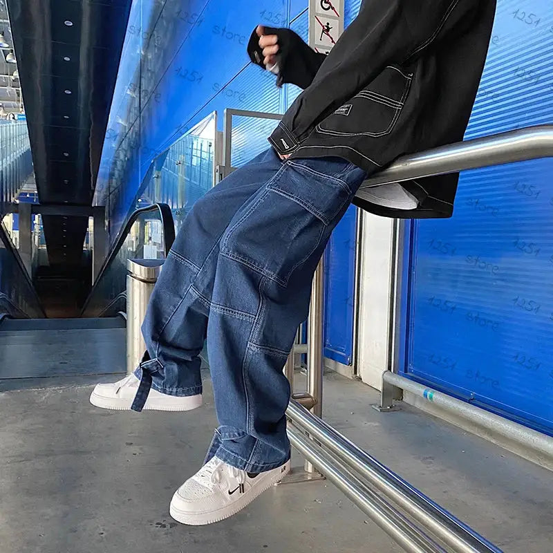 Men Jeans Wide Leg Denim pants Loose Straight Baggy Men's Jeans hip hop Streetwear Skateboard Neutral denim Trousers Cargo jeans by All Mart Bristol Ltd