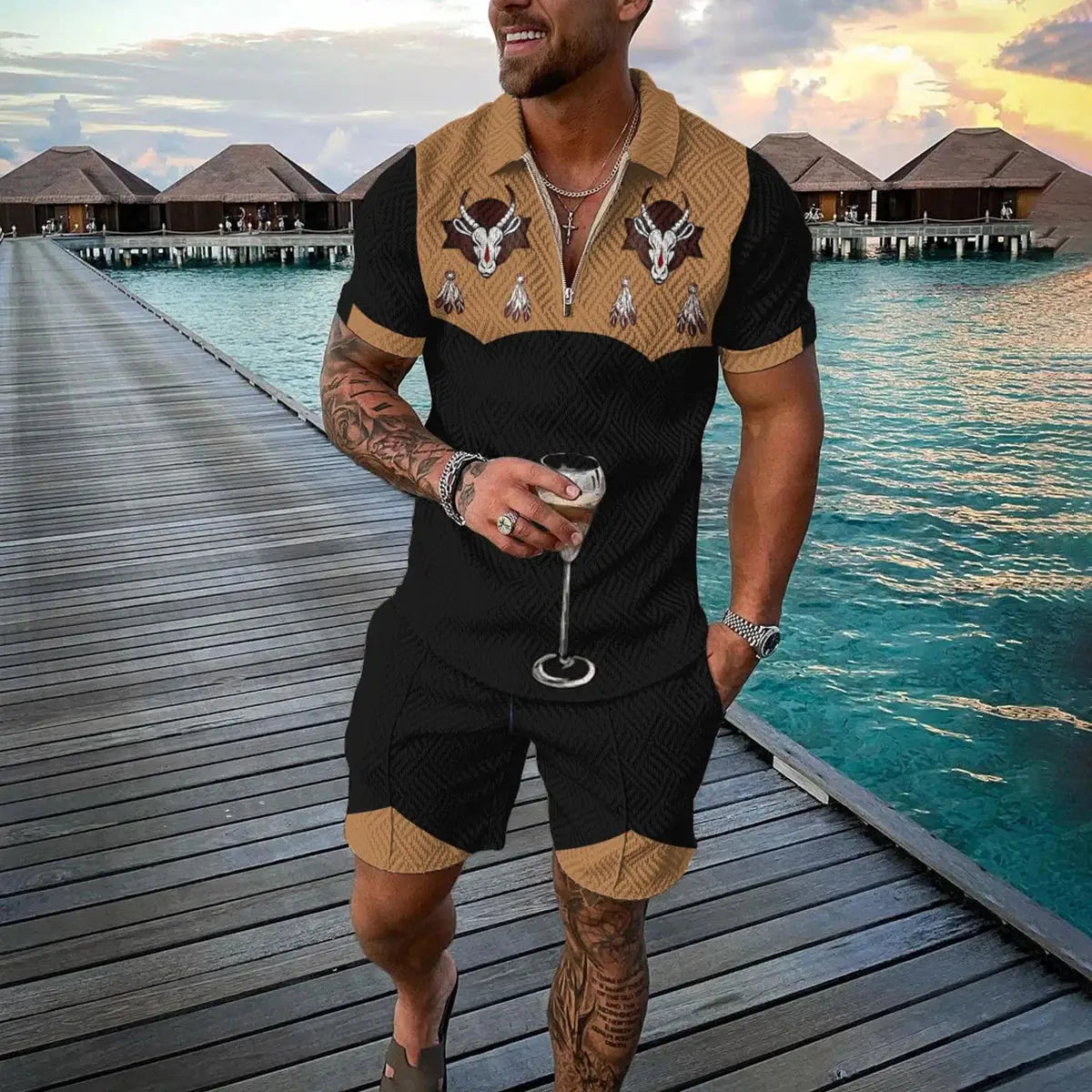 Vintage Men's Suit Zipper Polo Shirt Shorts Pants 2 Piece Set Coconut Tree Animal 3D Print Casual Men Tracksuit Ropa Barata by All Mart Bristol Ltd