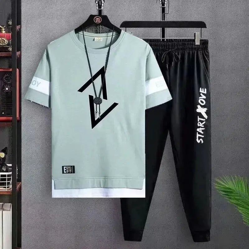 Hot selling new men's casual sports set fashionable and trendy printed versatile round neck T-shirt+sports pants two-piece set by All Mart Bristol Ltd