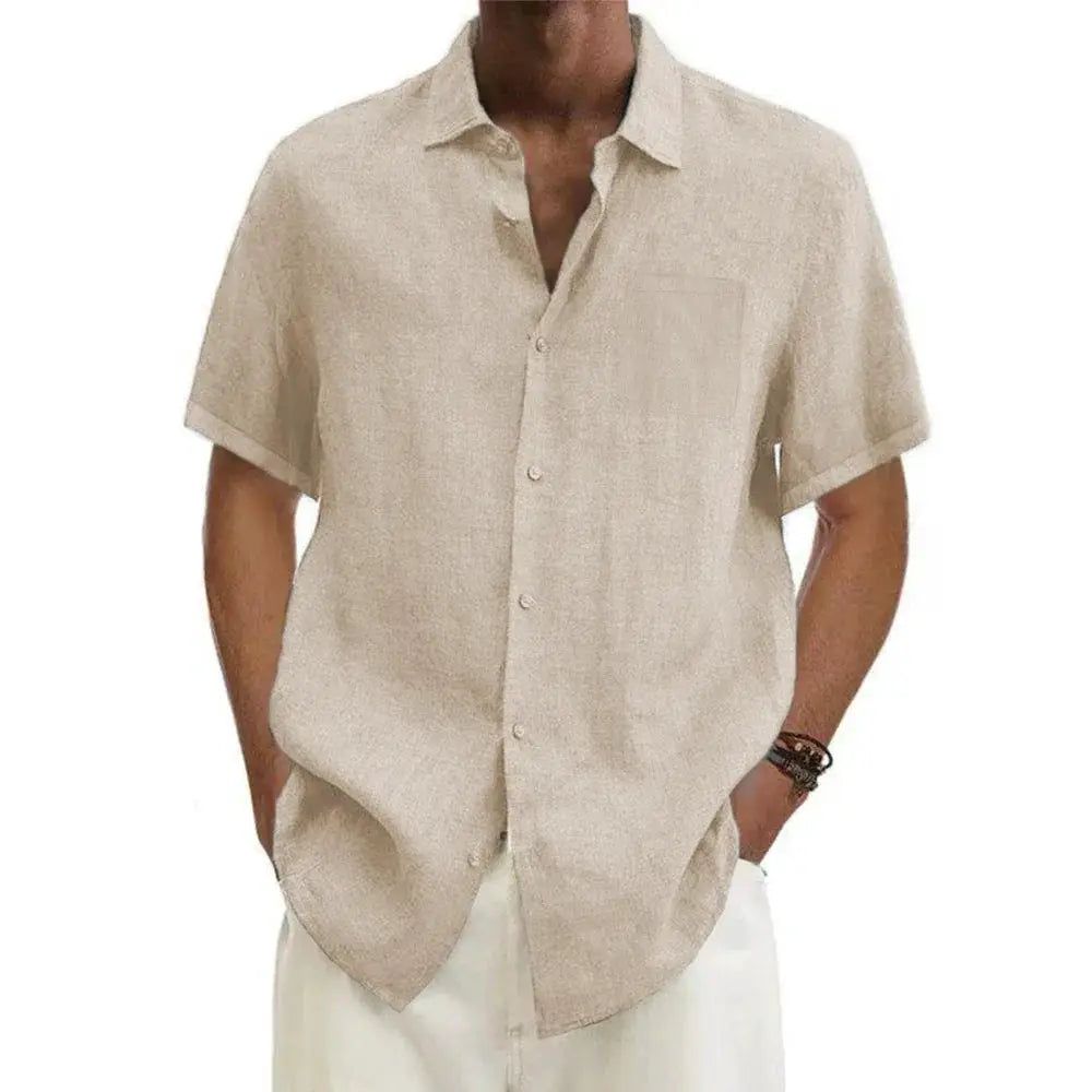 Summer Hot Sale Men's Cotton Linen Short-Sleeved Shirts Men Solid Color Turn-down Collar Casual Beach Style Plus Size Tops by All Mart Bristol Ltd