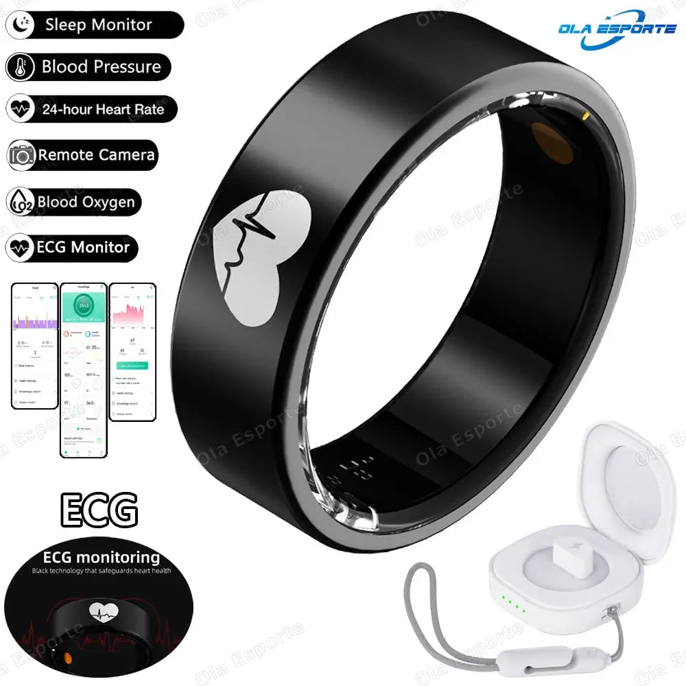 New ECG Smart Ring Men Women Charging Box Body temperature Blood pressure Health Monitor 5ATM Waterproof Remote Control Rings by All Mart Bristol Ltd