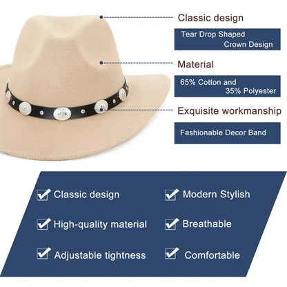 New Vintage Western Women Cowboy Hat For Men Wide Brim Cowboy Jazz Cap With Leather Belt Sombrero Cap Four Seasons by All Mart Bristol Ltd