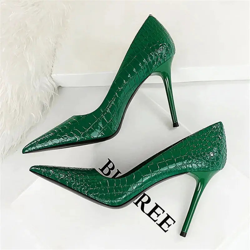 Women 10cm High Heels Stiletto Pumps Pointed Toe Green Nude Heels Office Lady Serpentine Patent Leather Wedding Party Prom Shoes by All Mart Bristol Ltd