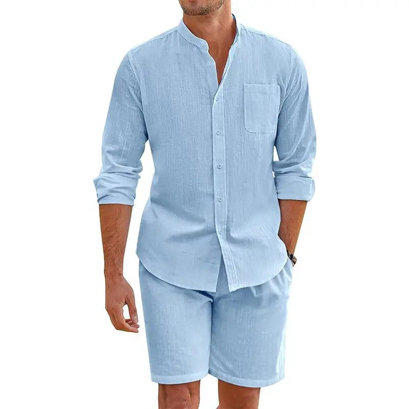 Daily Casual Breathable Cotton Linen Outfits Mens Vintage Stand Collar Button-up Shirts And Shorts Sets For Men Clothing Summer by All Mart Bristol Ltd