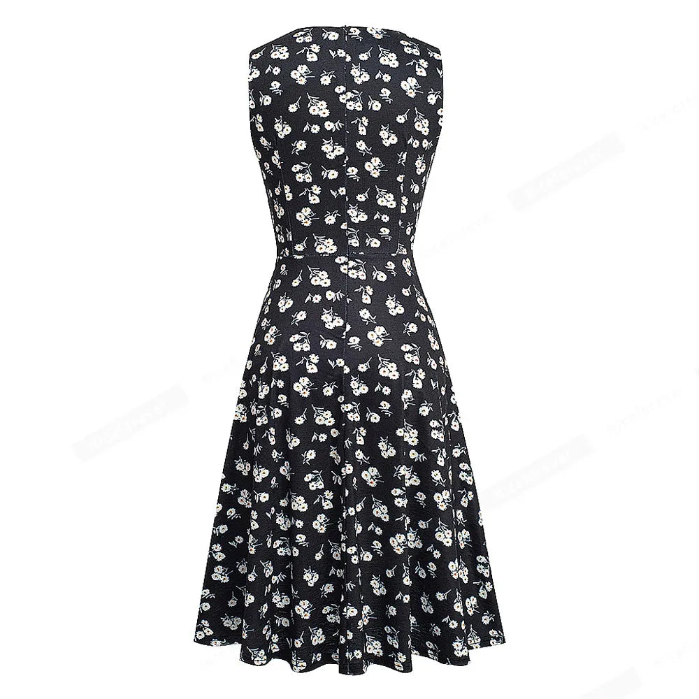 Women Vintage Casual Round Neck A line Summer Elegant Floral Lace Patchwork Sleeveless Tunic Party Swing Dress HA079 by All Mart Bristol Ltd