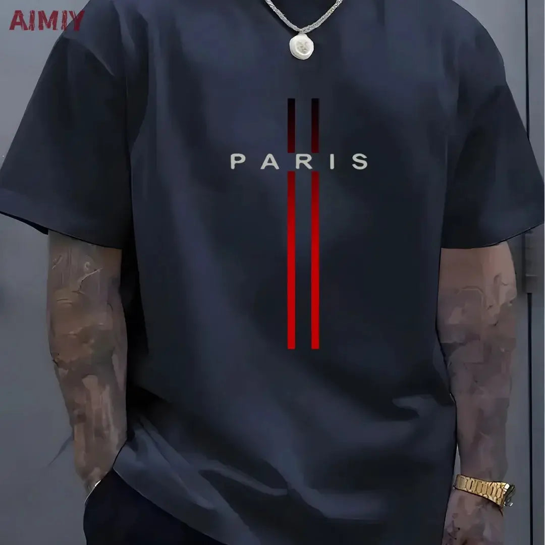 Summer Men's T-shirt Top Casual Loose Fit Oversized T-shirt PARI Letter Pattern Printed Round Neck Short Sleeved Homme Vêtement by All Mart Bristol Ltd