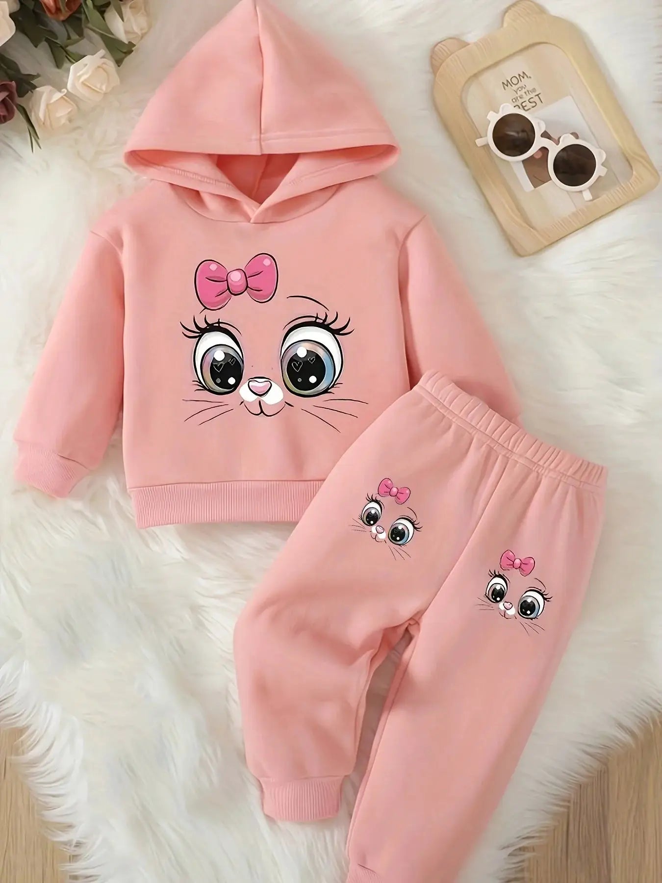 Baby girl cute cartoon cat pattern long sleeved fleece hooded sweatshirt+casual simple pants set, spring and autumn two-piece se by All Mart Bristol Ltd