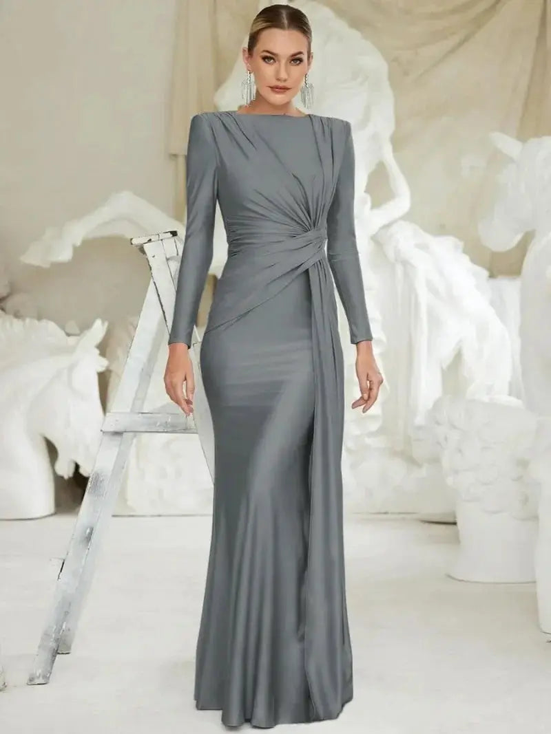 Luxury Women's Formal Occasion Dress Elegant Ladies O-neck Long Sleeve Folds High Waist Bodycon Gray Dresses Evening Party Robe by All Mart Bristol Ltd