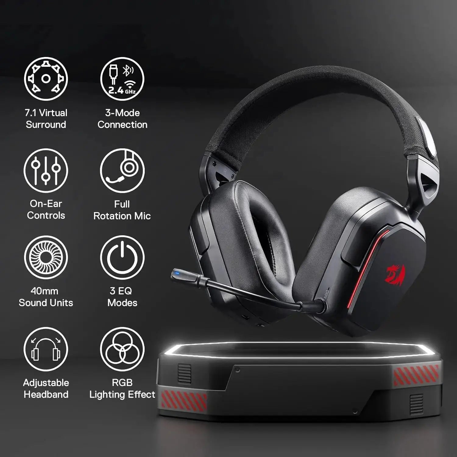 Redragon H868 3-Mode Wireless RGB Gaming Headset 7.1 Surround Sound 40 mm Drivers Noise-canceling Microphone Over-Ear Headphones by All Mart Bristol Ltd