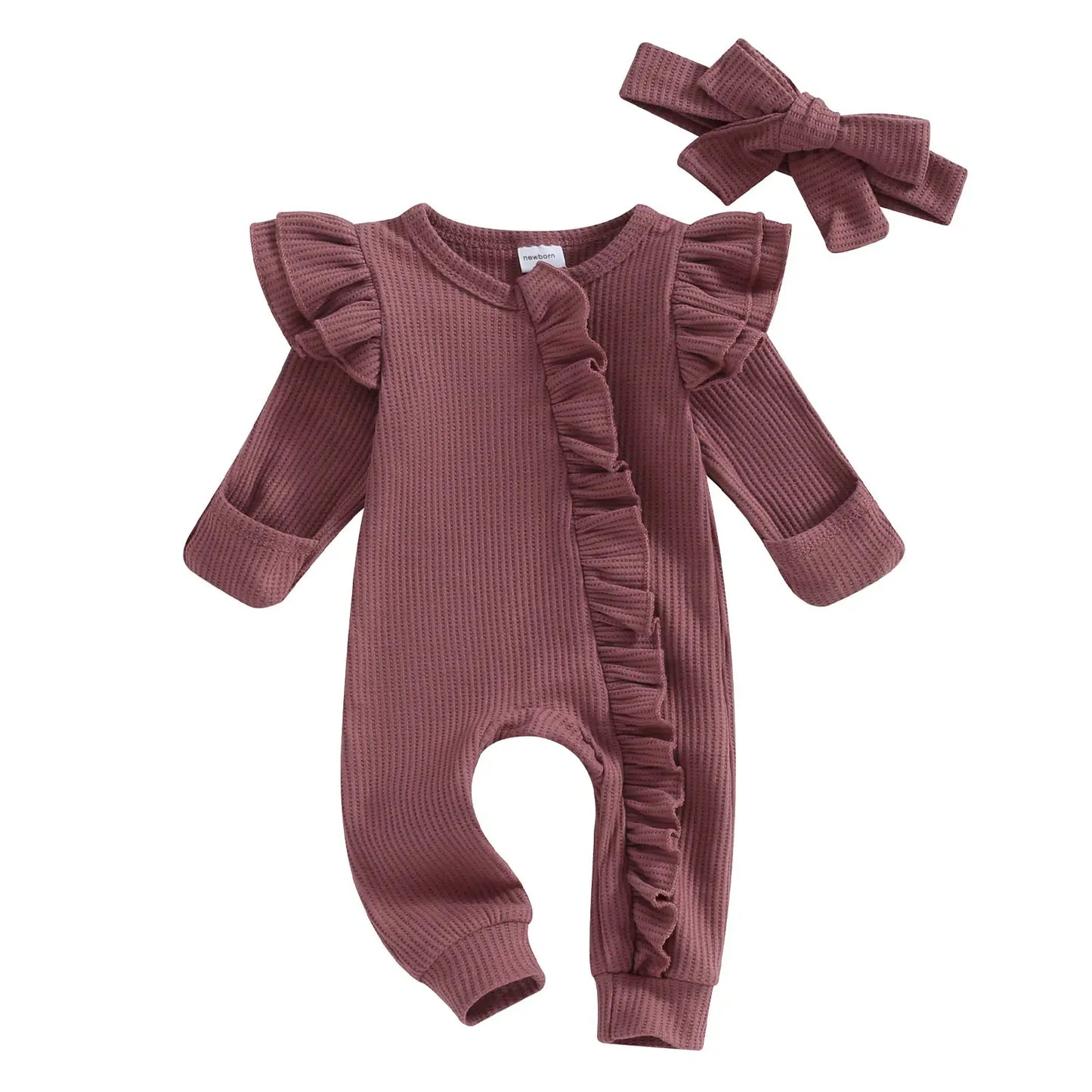 Pudcoco Infant Baby Girl Autumn Jumpsuit Solid Color Round Neck Flying Sleeve Ruffled Zipper Romper with Bow Headband 0-12M by All Mart Bristol Ltd
