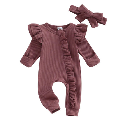 Pudcoco Infant Baby Girl Autumn Jumpsuit Solid Color Round Neck Flying Sleeve Ruffled Zipper Romper with Bow Headband 0-12M by All Mart Bristol Ltd