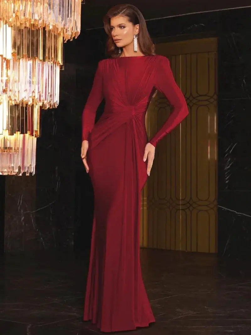 Luxury Women's Formal Occasion Dress Elegant Ladies O-neck Long Sleeve Folds High Waist Bodycon Gray Dresses Evening Party Robe by All Mart Bristol Ltd