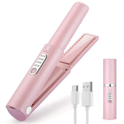 2-IN-1 Cordless Electric Heating Hair Straightener Rechargeable Travel Double Use Straight Hair Straightener And Curling Iron by All Mart Bristol Ltd