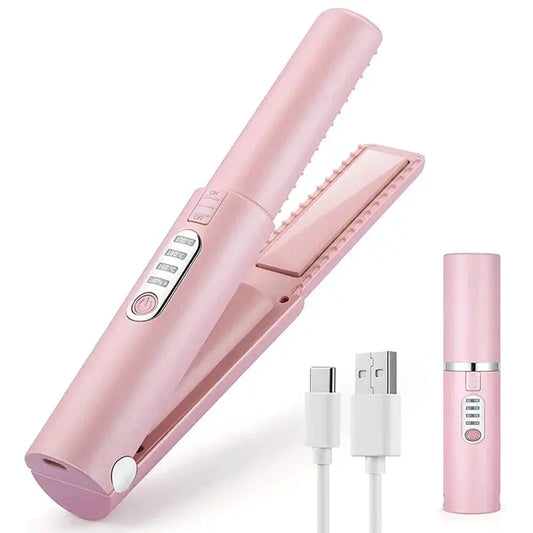 2-IN-1 Cordless Electric Heating Hair Straightener Rechargeable Travel Double Use Straight Hair Straightener And Curling Iron by All Mart Bristol Ltd