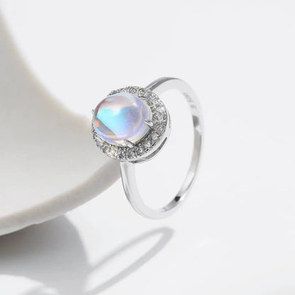 MODIAN 925 Sterling Silver Delicate Luxurt Oval Moonstone Party Finger Ring Shiny Rainbow Color Fine Jewlry For Women Gift by All Mart Bristol Ltd