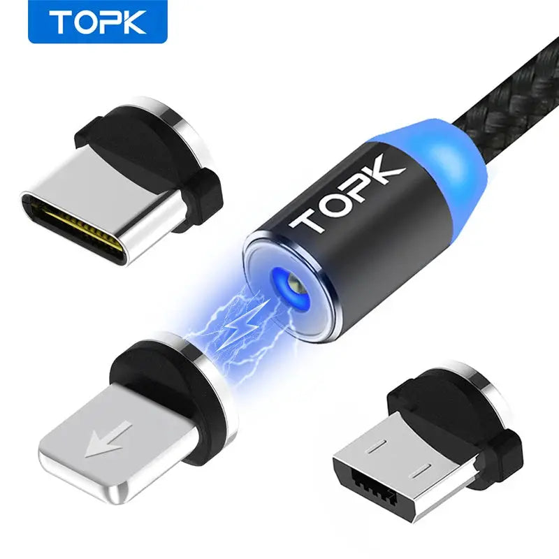 Magnetic Charging Cable 3 IN 1 TOPK 360 Degree Rotating Magnetic Phone Charger Cable Nylon Braided Magnetic Micro USB C Cable by All Mart Bristol Ltd