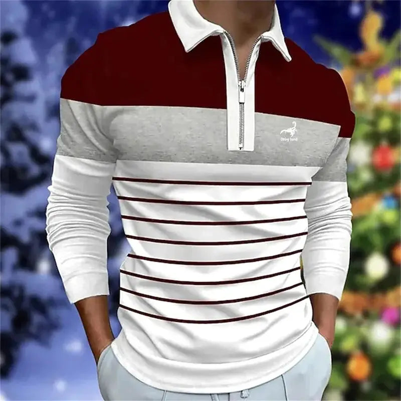 Spring Autumn New Stripe Zipper Polo Shirt Men Sport Fashion Logo Print Long Sleeve Business Casual Polo Shirt 100% Polyester by All Mart Bristol Ltd