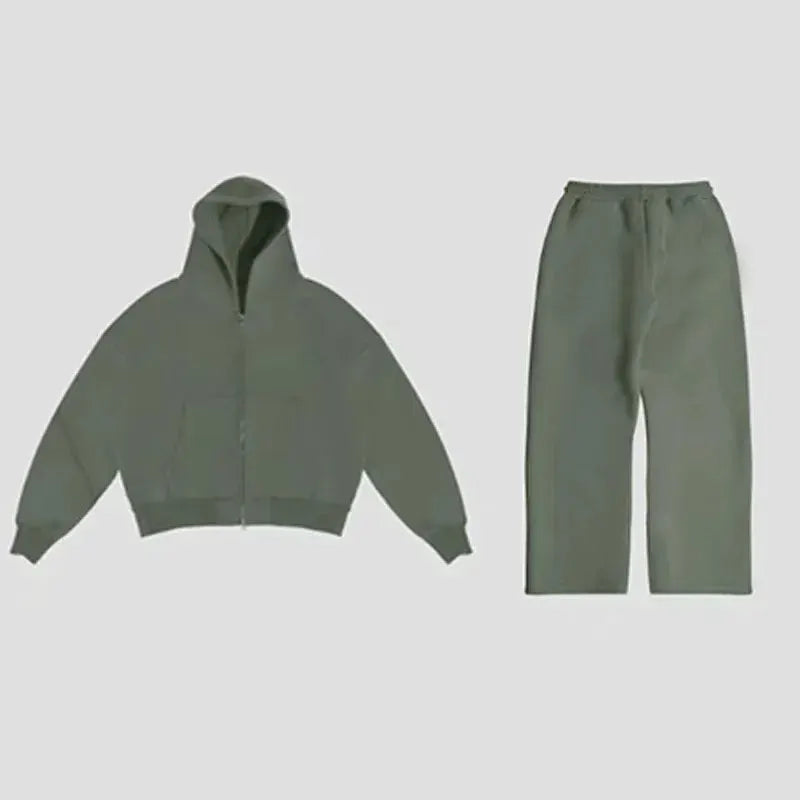 American Fashion Solid Color Fleece Oversized Sweatshirt Men's Two-Piece Y2K Harajuku Hip-Hop Gothic Joker Slacks Jogging Pants by All Mart Bristol Ltd