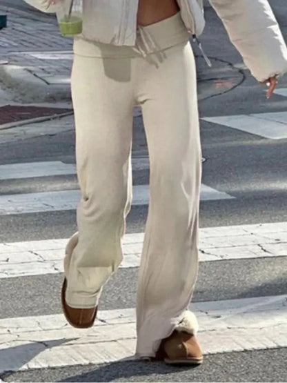 Casual Solid Basic Pants Y2K Chic Floor Length Bottoms Vintage Aesthetic Mid Waist Drawstring Straight Trousers by All Mart Bristol Ltd