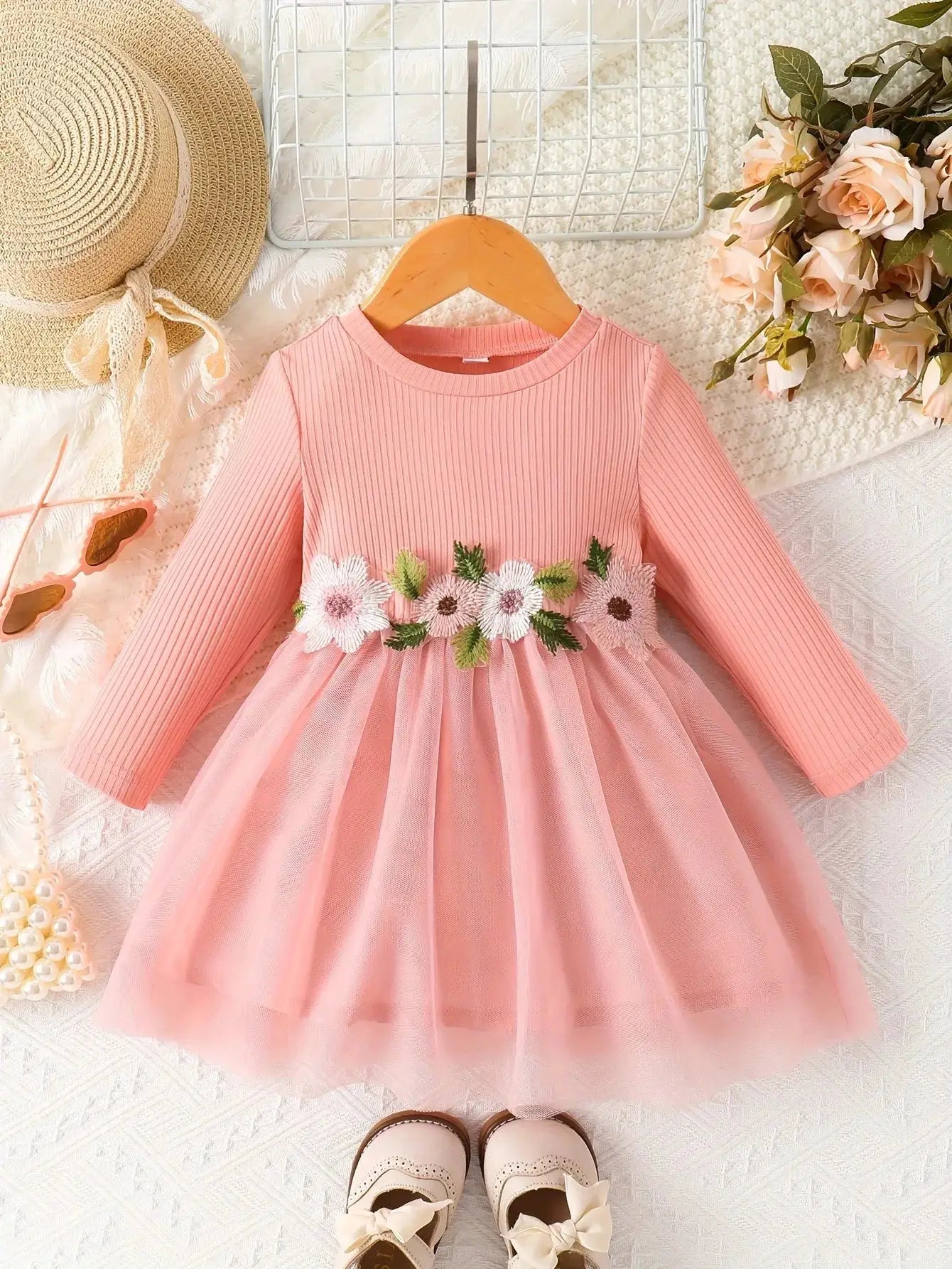 Prowow 3-24M Baby Girls Dresses Long Sleeve Pink White Patchwork Belted Dress For Girl Newborn Baby Clothes Infants by All Mart Bristol Ltd